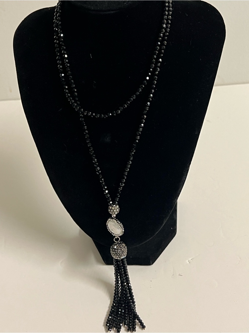 Vintage Black Beaded Tassel Necklace with White Accent Stone